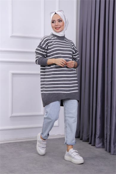 Gri Beyaz Çizgili Triko Tunik 