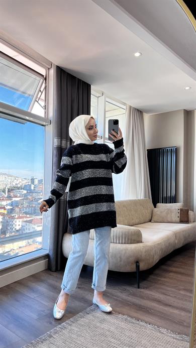 Gri Lacivert Çizgili Simli Tunik 