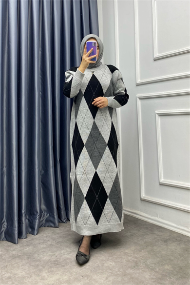 Gri Siyah Baklava Desen Triko Elbise