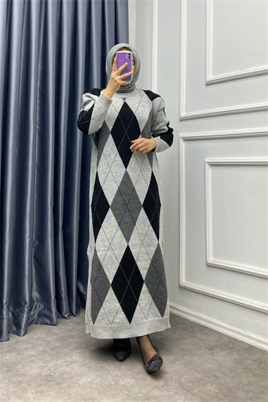 Gri Siyah Baklava Desen Triko Elbise