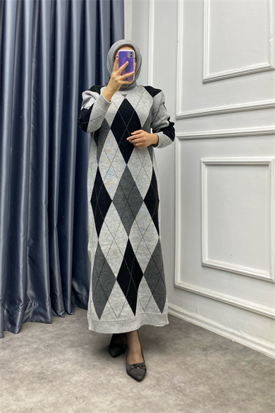 Gri Siyah Baklava Desen Triko Elbise