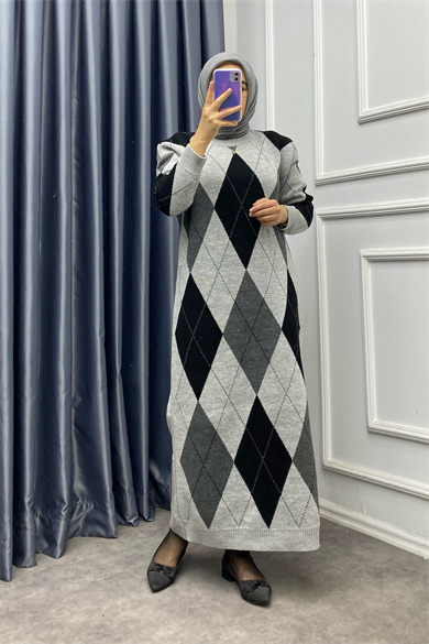 Gri Siyah Baklava Desen Triko Elbise