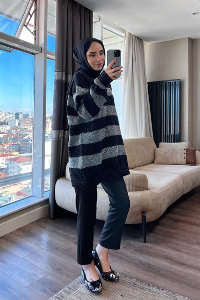 Gri Siyah Çizgili Simli Tunik 