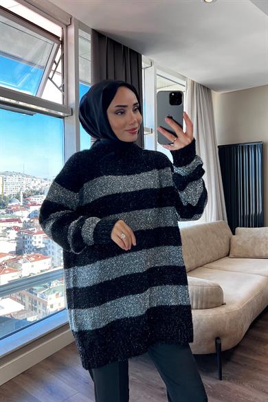 Gri Siyah Çizgili Simli Tunik 