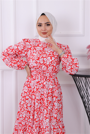 Gül Desenli Elbise Kırmızı