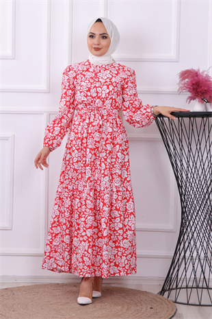 Gül Desenli Elbise Kırmızı