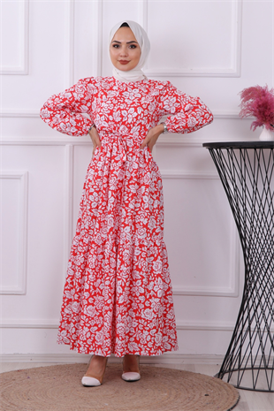 Gül Desenli Elbise Kırmızı
