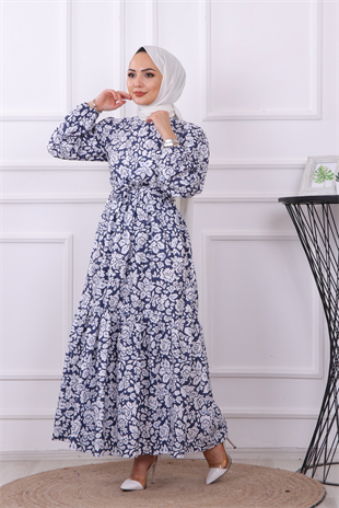 Gül Desenli Elbise Lacivert