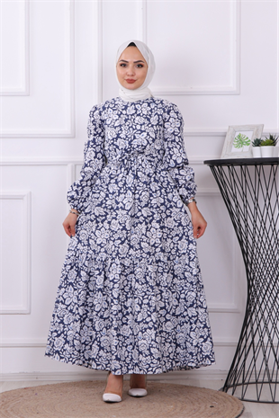 Gül Desenli Elbise Lacivert