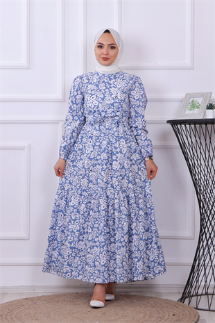 Gül Desenli Elbise Mavi