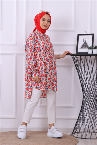 Gül Desenli Tunik Kırmızı