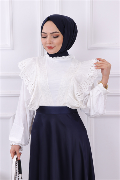 Güpür Detaylı Bluz Beyaz