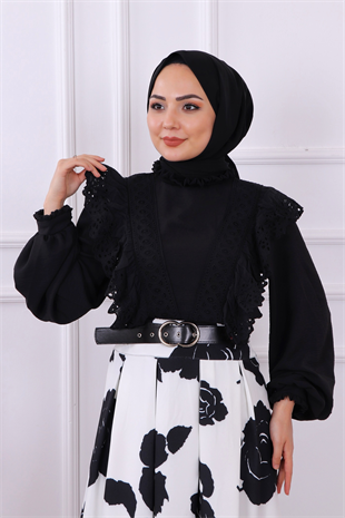 Güpür Detaylı Bluz Siyah