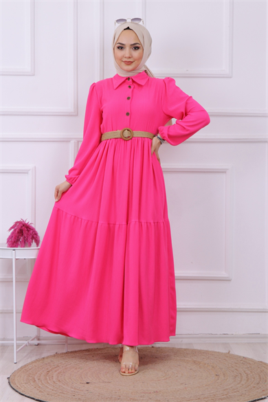 Hasır Kemer Elbise Pembe