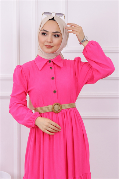 Hasır Kemer Elbise Pembe