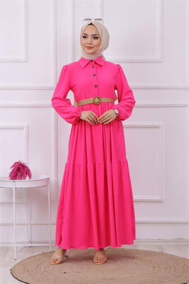 Hasır Kemer Elbise Pembe