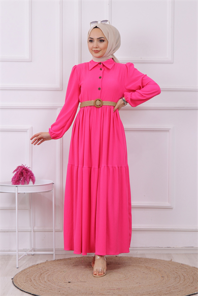Hasır Kemer Elbise Pembe