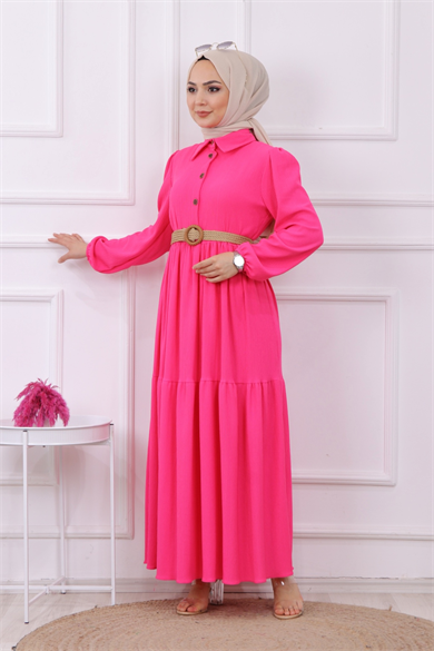 Hasır Kemer Elbise Pembe