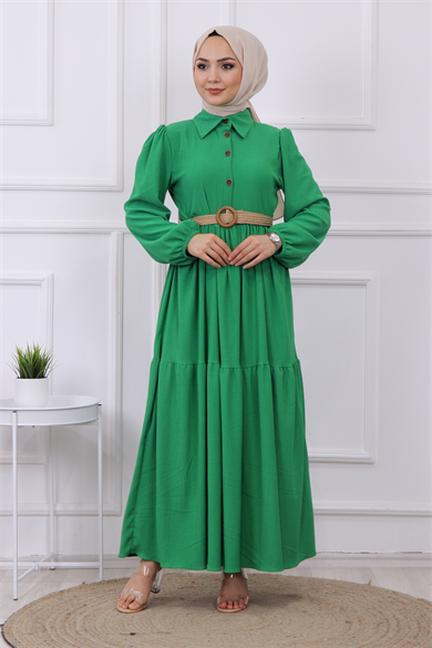 Hasır Kemer Elbise Yeşil