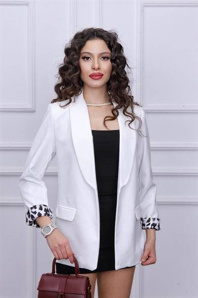 İç Astarlı Leoparlı Ceket Beyaz