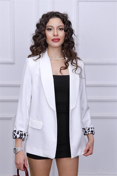 İç Astarlı Leoparlı Ceket Beyaz