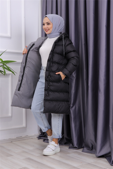 İçi Gri  Detaylı Şişme Mont
