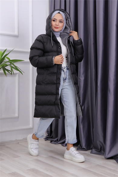 İçi Gri  Detaylı Şişme Mont