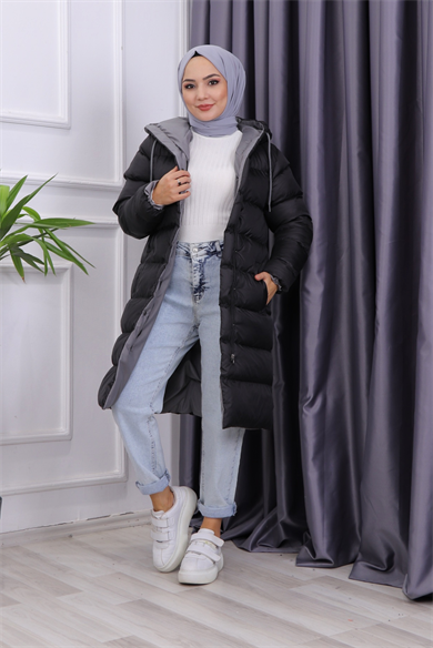 İçi Gri  Detaylı Şişme Mont