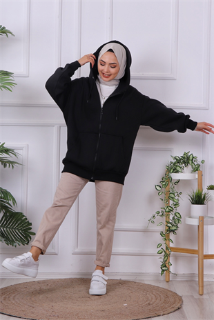 İçi Şardonlu Kapşonlu Fermuarlı Sweat Siyah