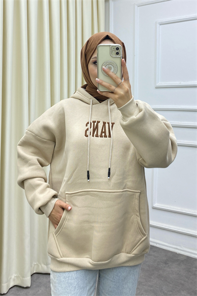 İçi Şardonlu Önü Wans Yazılı Sweat Bej