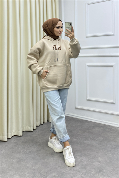 İçi Şardonlu Önü Wans Yazılı Sweat Bej