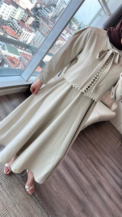 İçi Sıfır Kol Üzeri İnci Detay Hırka İkili Elbise Bej