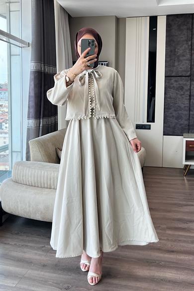 İçi Sıfır Kol Üzeri İnci Detay Hırka İkili Elbise Bej