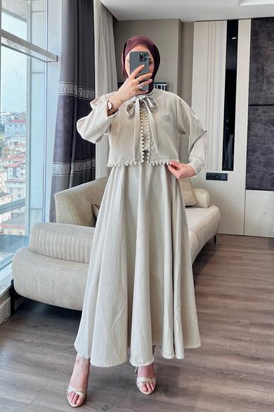 İçi Sıfır Kol Üzeri İnci Detay Hırka İkili Elbise Bej