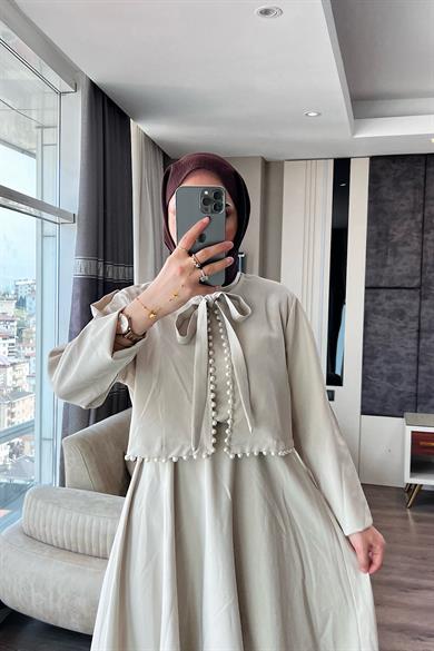 İçi Sıfır Kol Üzeri İnci Detay Hırka İkili Elbise Bej