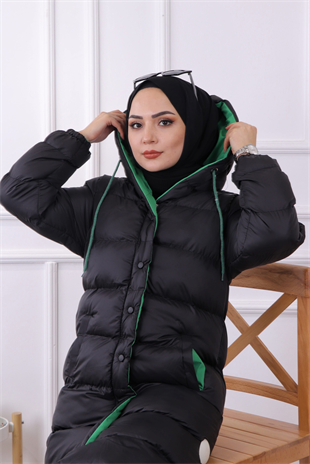 İçi Yeşil Detaylı Şişme Mont