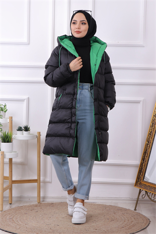 İçi Yeşil Detaylı Şişme Mont
