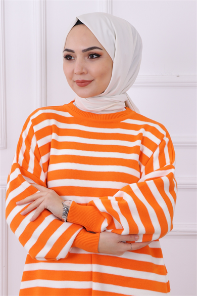 İki Renk Çizgili Tunik -Turuncu- Beyaz