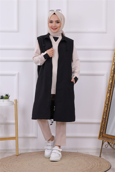 İkili Takım Yelek-Sweat Siyah -Krem