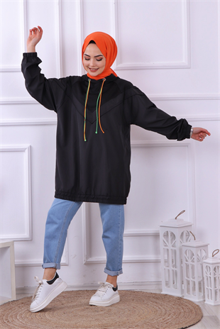 İpleri Renkli Kapşonlu Sweat Siyah