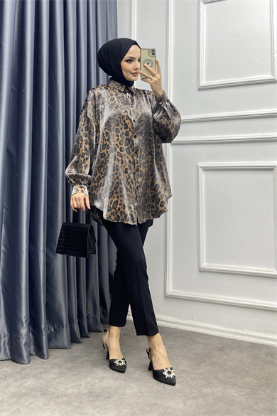 Işıltı Leopar Gömlek Kahverengi