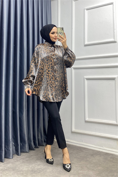 Işıltı Leopar Gömlek Kahverengi