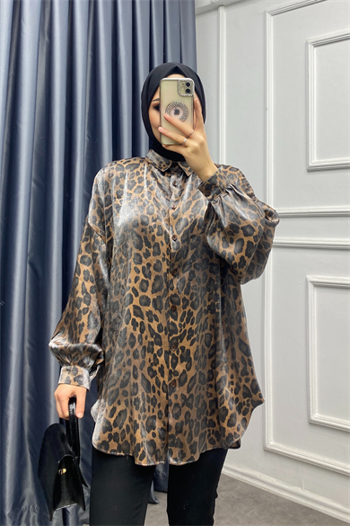Işıltı Leopar Gömlek Kahverengi