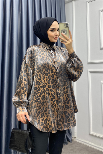 Işıltı Leopar Gömlek Kahverengi