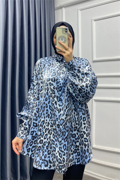 Işıltı Leopar Gömlek Mavi