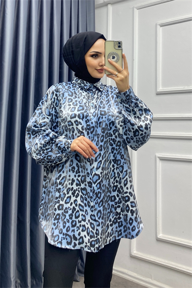 Işıltı Leopar Gömlek Mavi