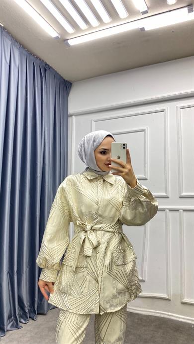 Jakarlı Tafta Takım Bej
