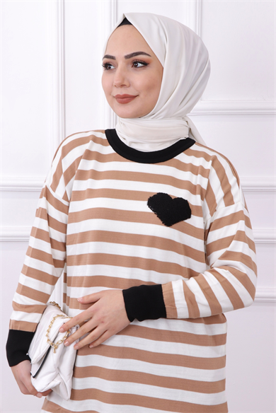 Kahve  Beyaz Çizgili Tunik