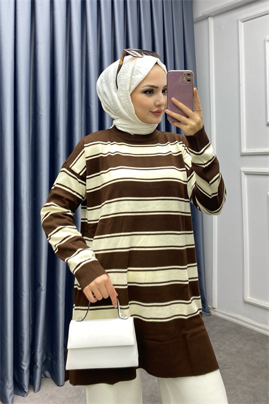Kahverengi Şeritli Tunik