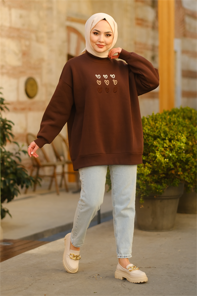 Kalp Desenli Sweat Kahve